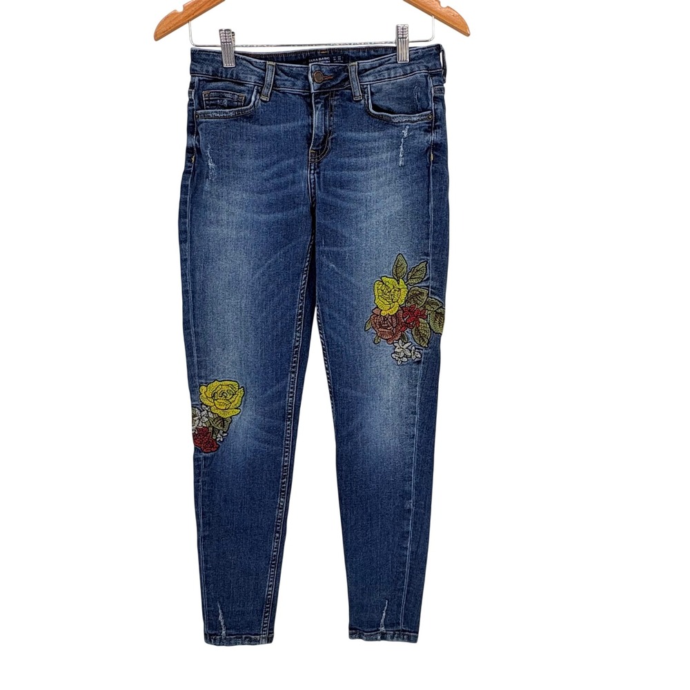 Zara Basic Z1975 Denim Women Blue Embroidered Rose Skinny Jeans Boho Size 4